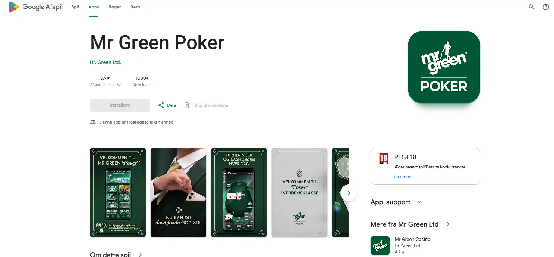 Mr Green Poker app i den danske Google Play-butik