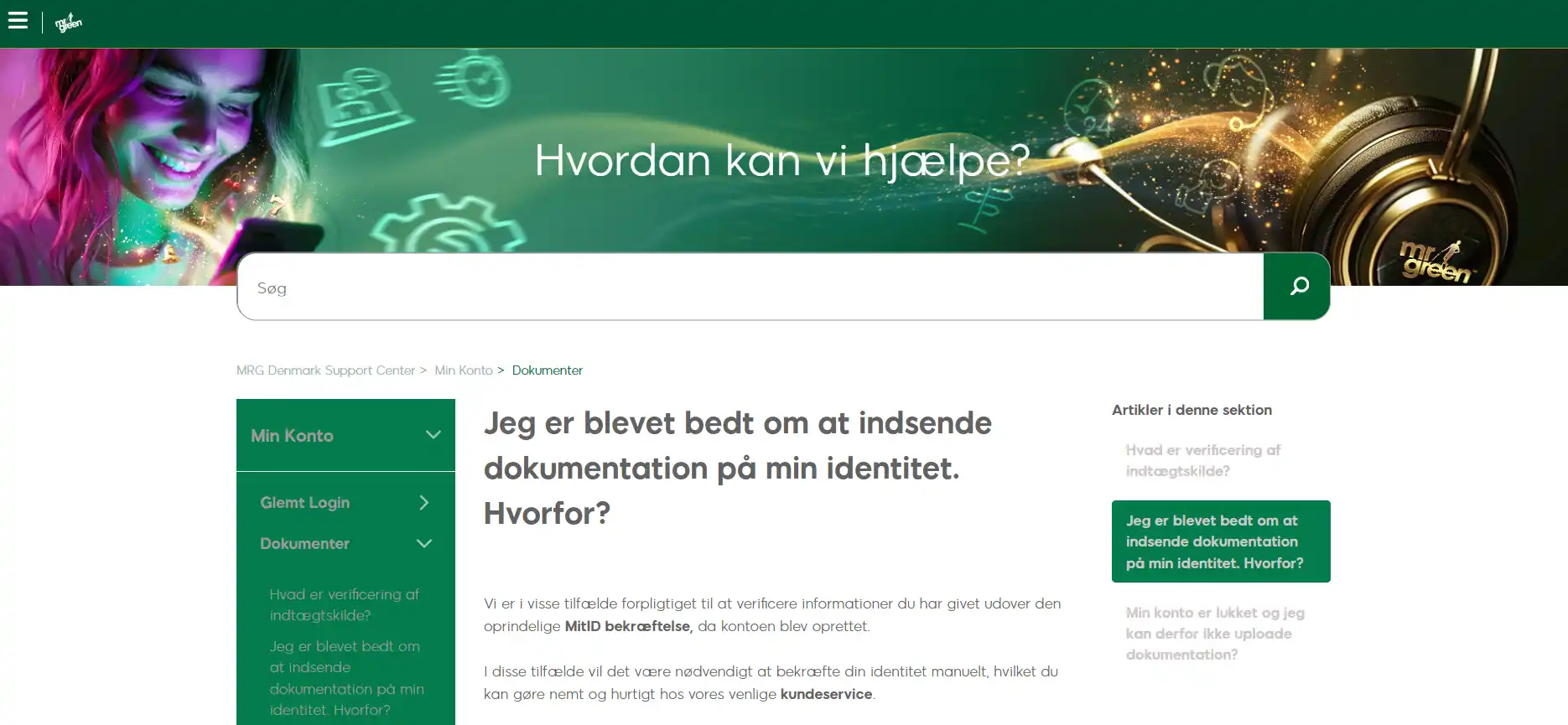 Mr Greens officielle hjælpeside om ekstra identitetsdokumentation