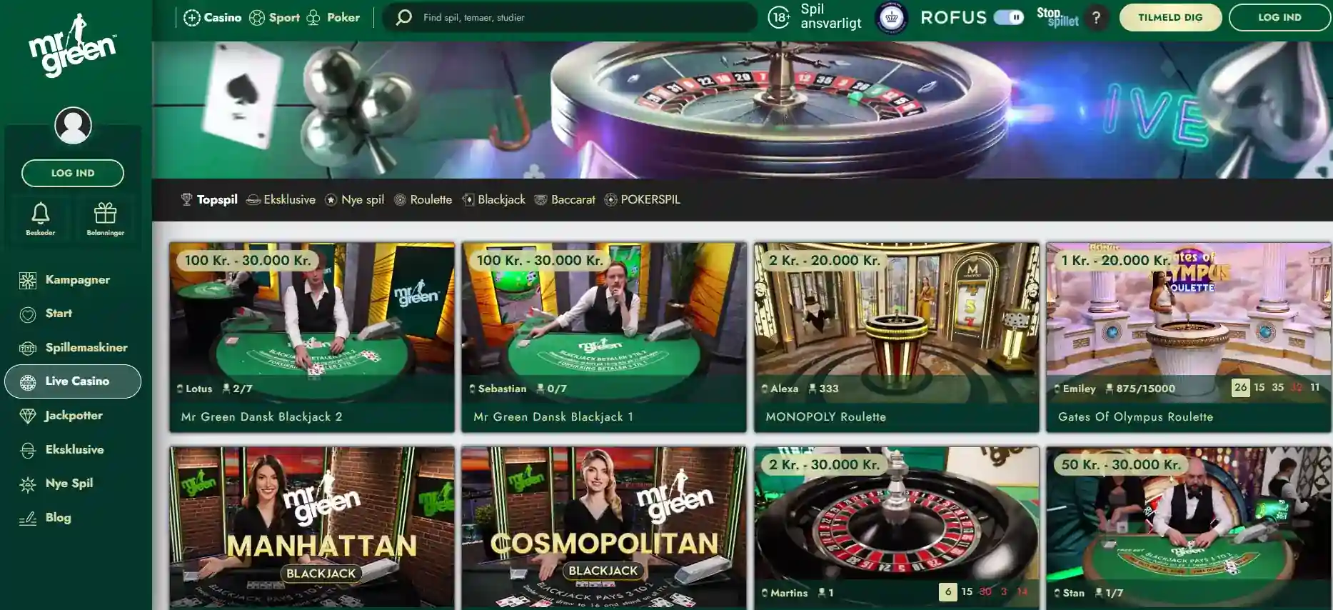 Mr Green Danmarks aktuelle live casino-side med live dealer-spil