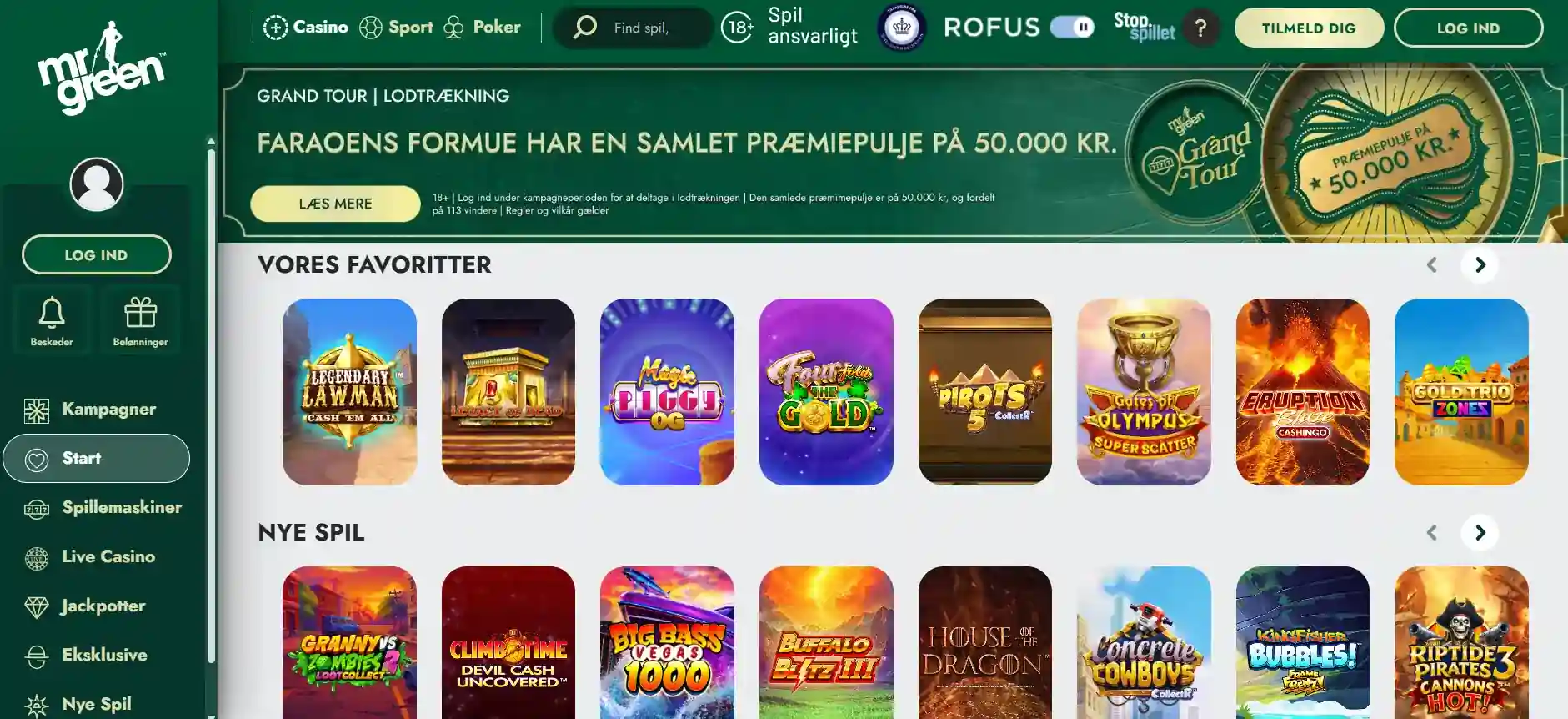 Mr Greens danske forside med casino-navigation og produktoversigt