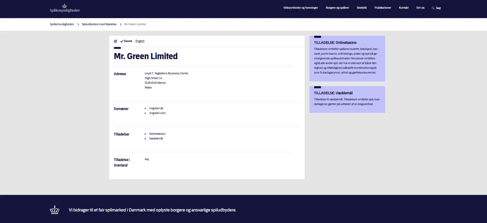 Spillemyndighedens registerpost for Mr. Green Limited